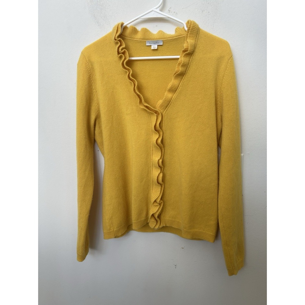Garnet Hill 100% Cashmere Cardigan Ruffle YellowSweater Prep Office Grannycore M - Picture 2 of 7